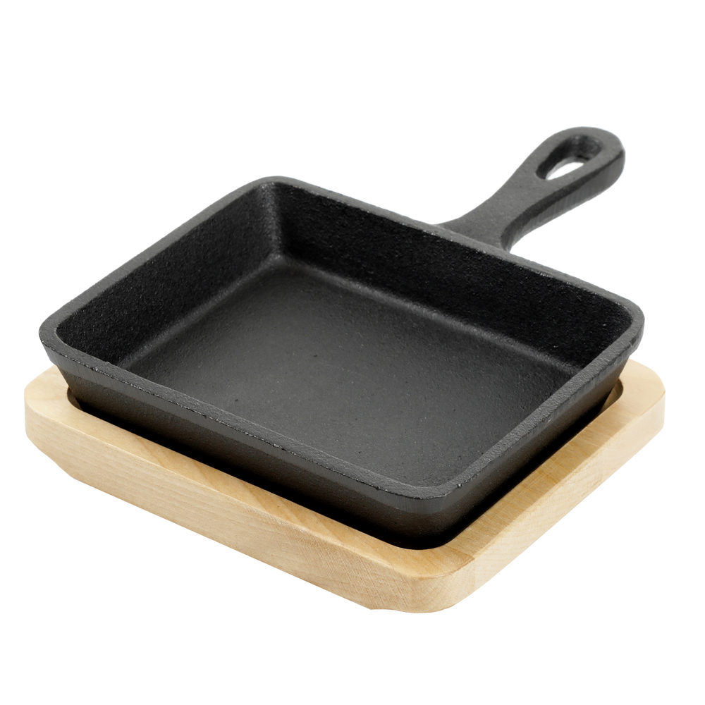 Gibson 2-Piece 6 in. Mini Square Cast Iron Frying Pan with Wooden Base, Black