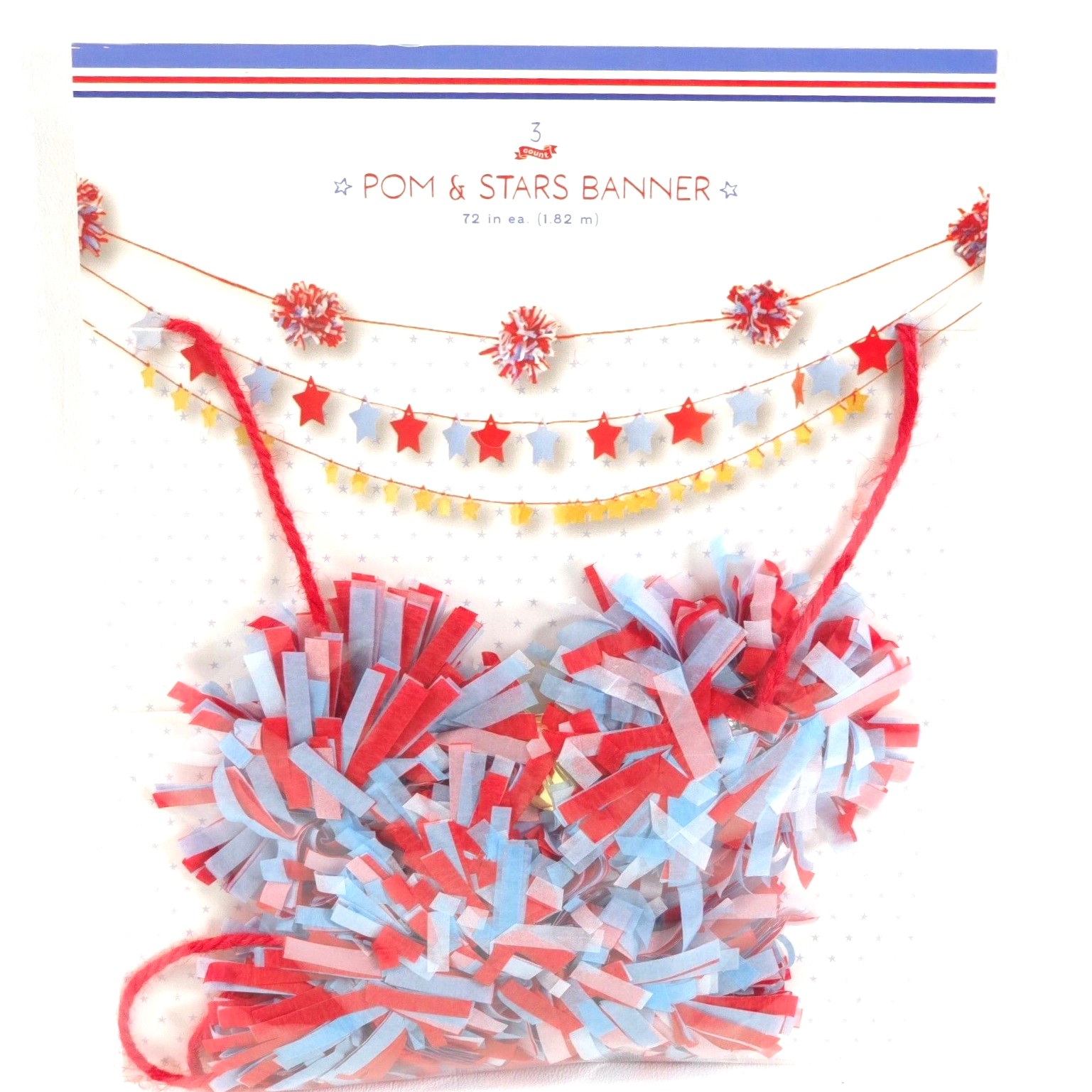 Red, White & Blue Crepe Paper Pom & Stars Banner – 72 in. (1.82 m)
