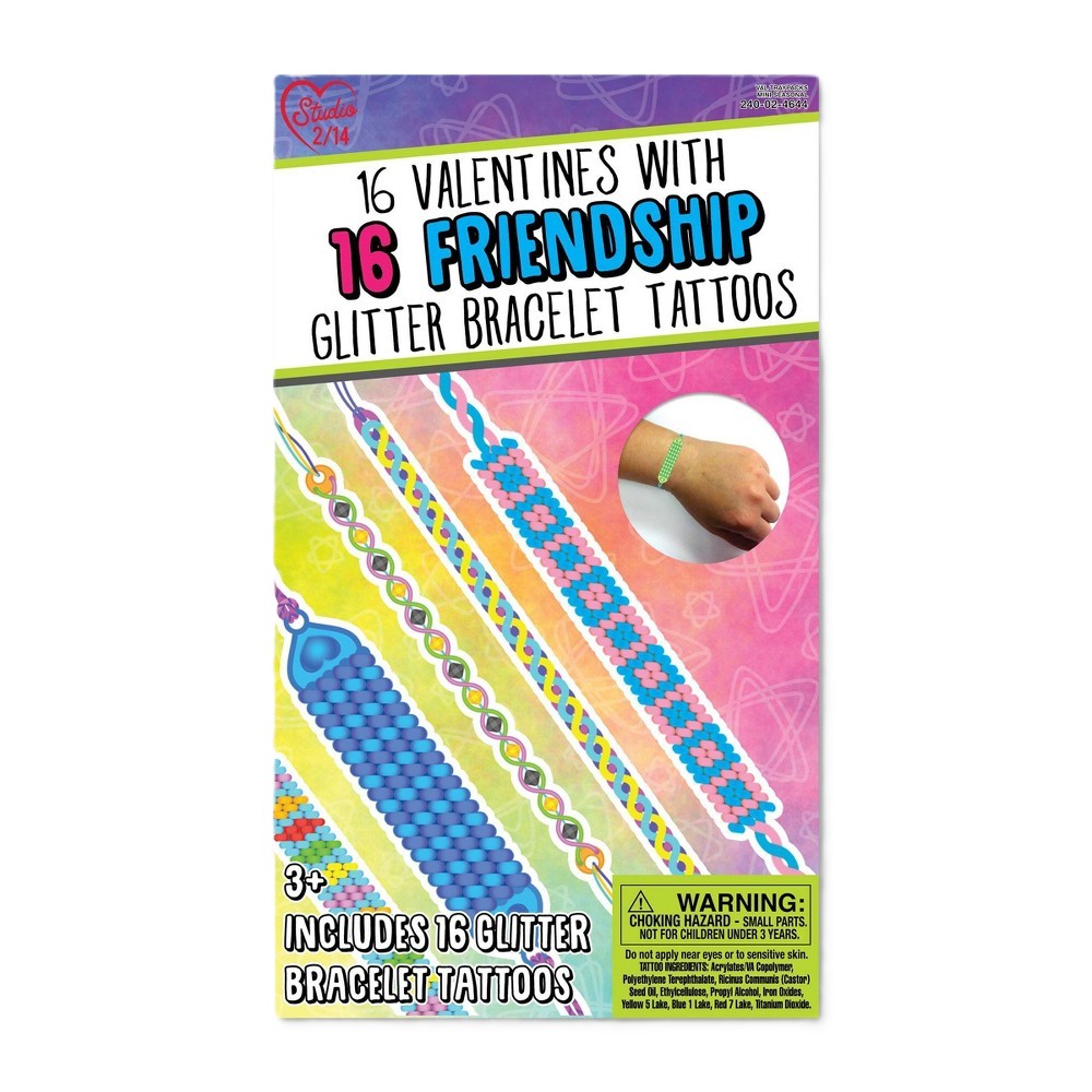 16ct Valentines Cards with Friendship Glitter Bracelet Tattoos