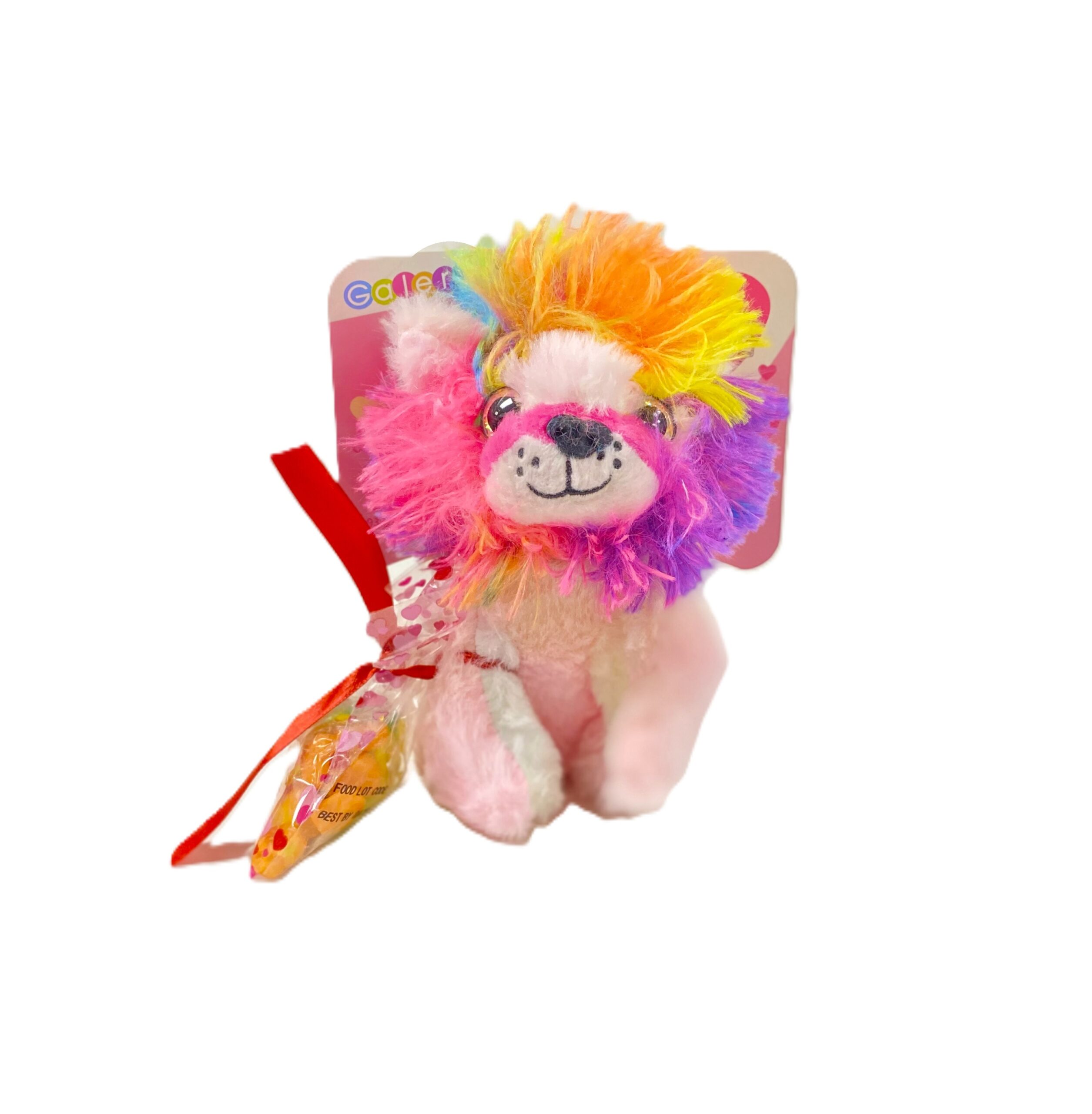 Valentine’s Pink Rainbow Lion Mini Plush with Conversation Candy – 5.5"