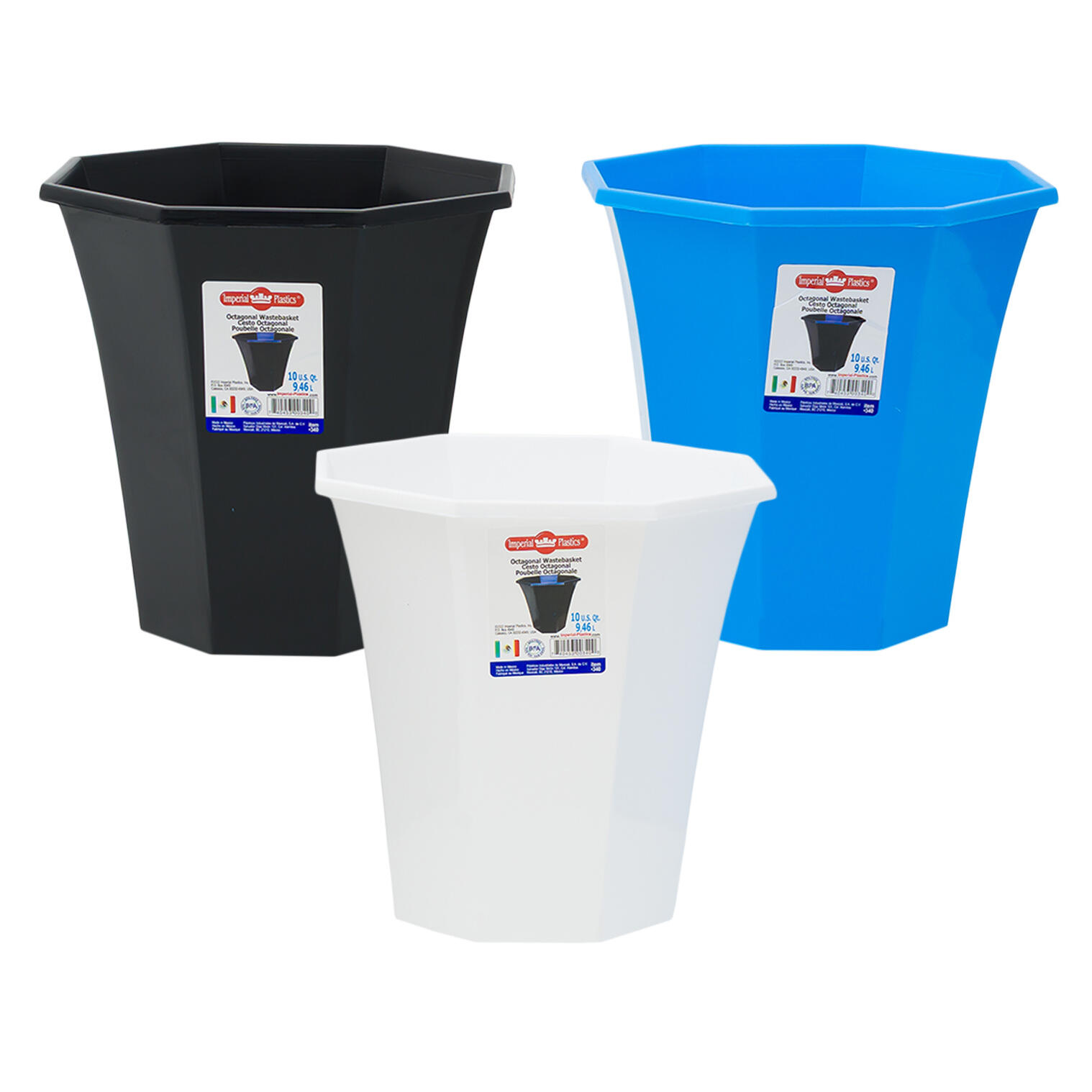 Imperial Plastics Octagonal Wastebasket, 10 Qt, Assorted Colors