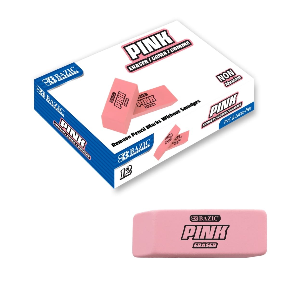 Bazic Pink Bevel Eraser- 12 pack