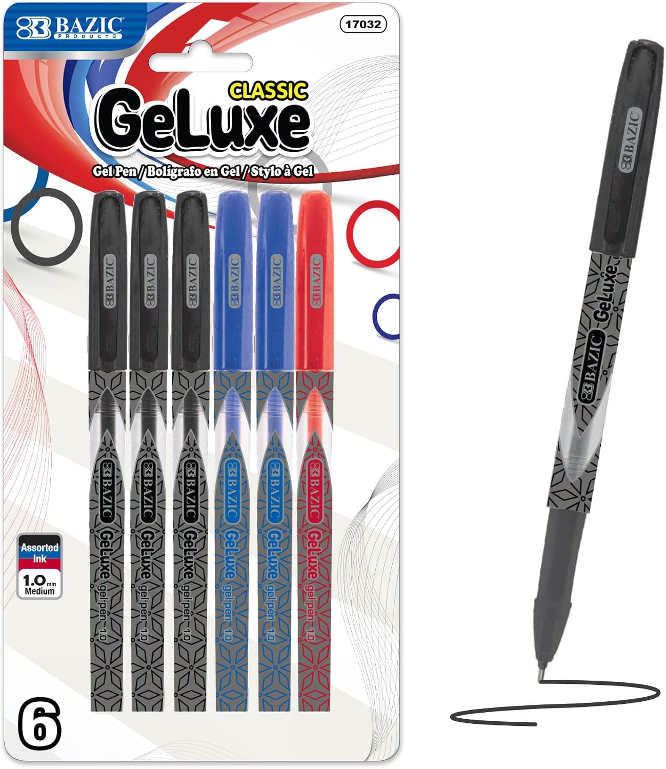 BAZIC GeLuxe Gel Ink Roller Pen Assorted Colors 1.0 Mm Medium Point (6/Pack)